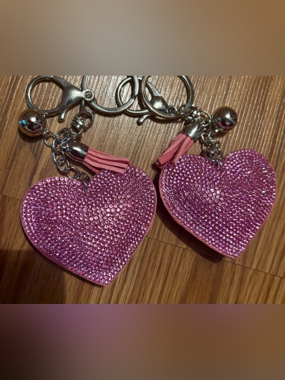 2 TWO Pink Silver Rhinestone Heart Backpack Purse Valentine LOVE Keychain Tag 🎁